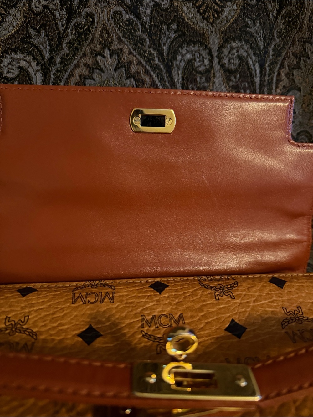 MCM Cognac Logo Visetos Top Handle Satchel with Gold Hardware - Picture 8 of 11